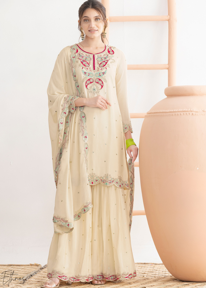 Pearl White Appliqué Chinon Sharara Suit