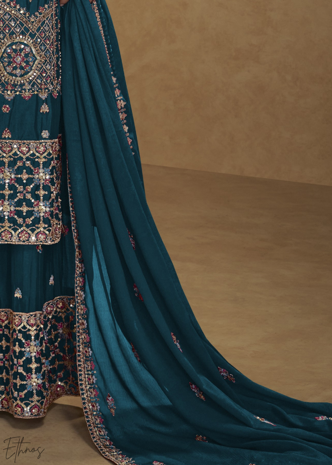 Teal Blue Zari-Encrusted Chinon Palazzo Suit