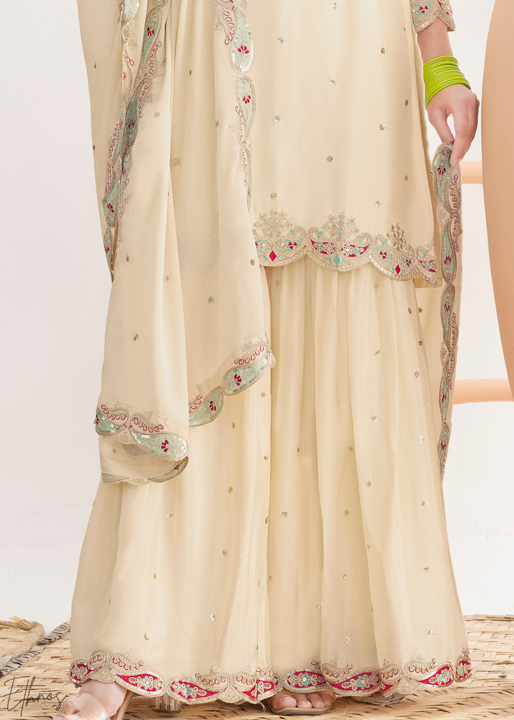 Pearl White Appliqué Chinon Sharara Suit