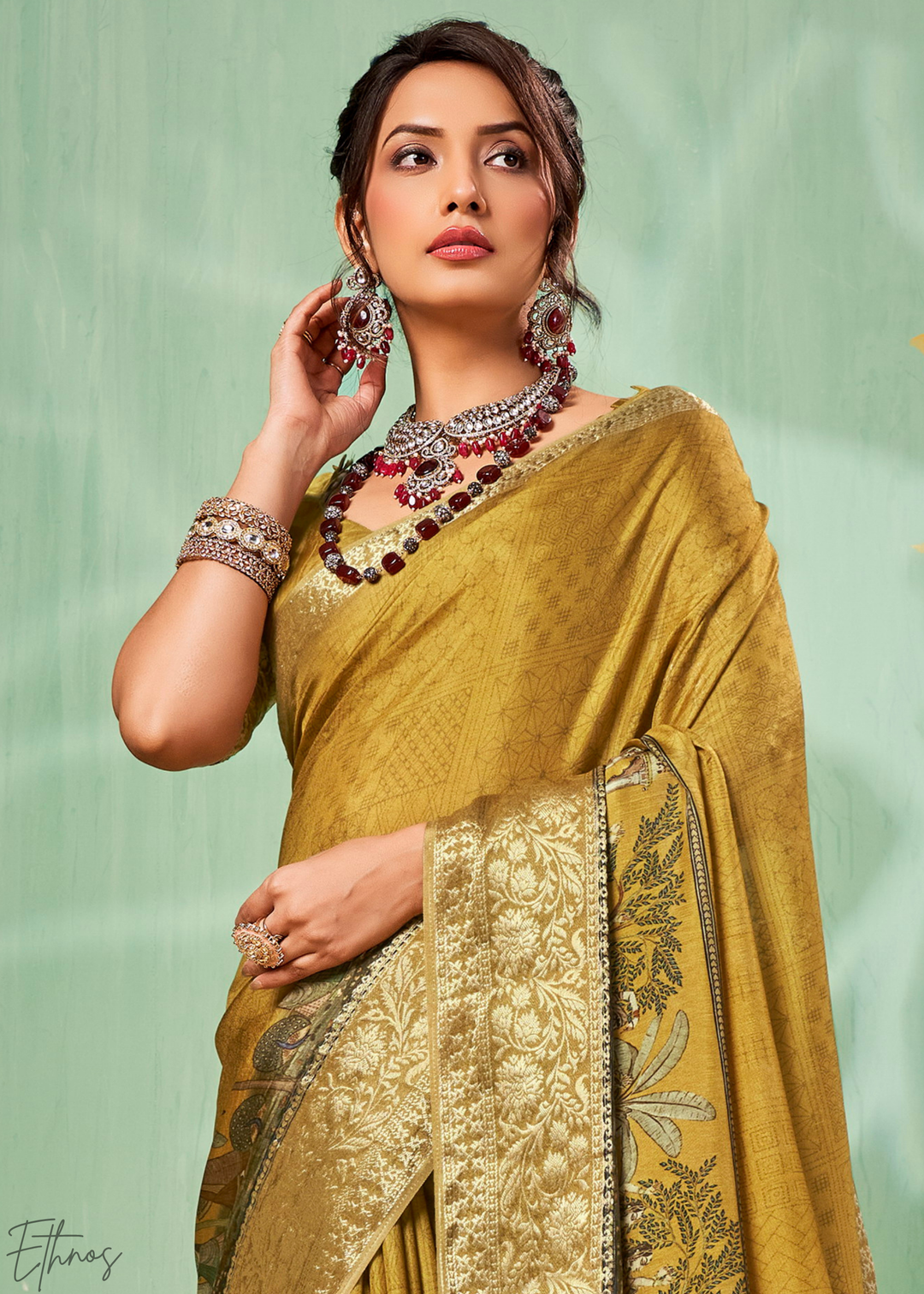 Mustard-Gold Heritage-Print Dola Poly-Viscose Saree
