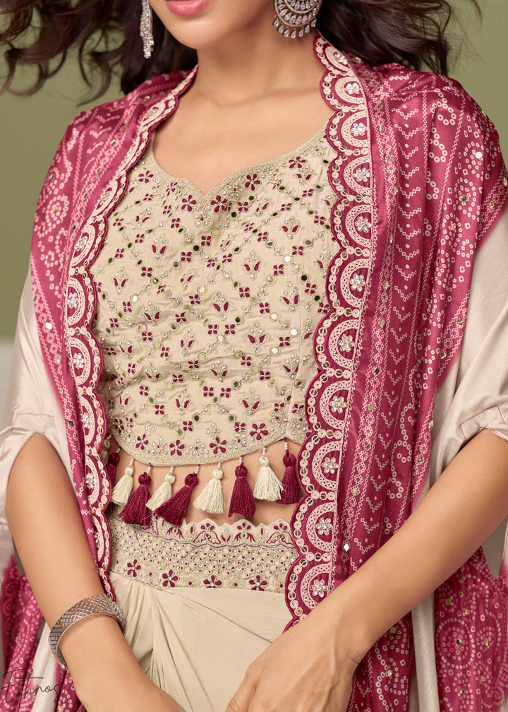 Pink Border Foil Printed Chinon Cape Cowl Set