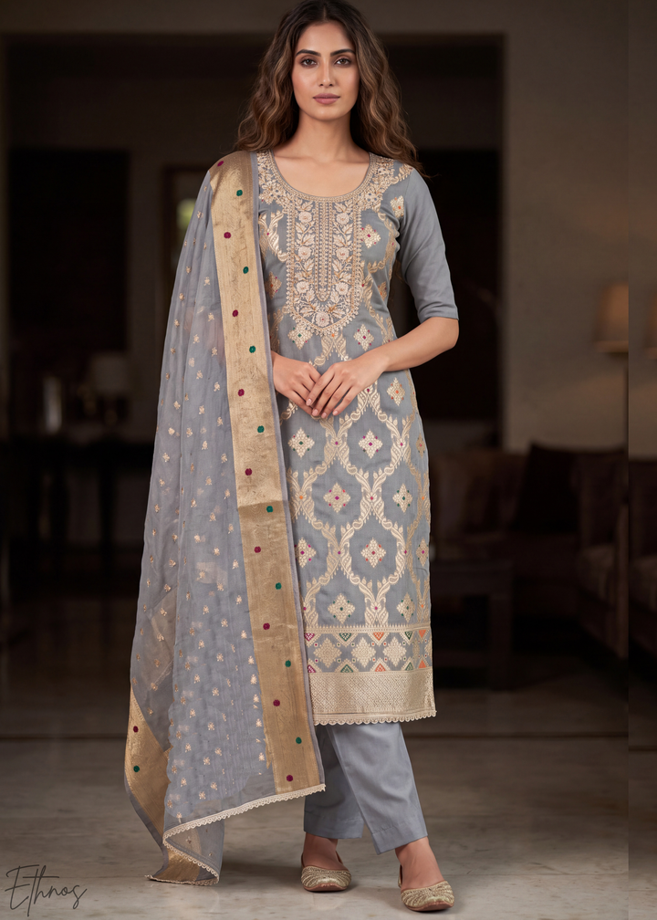 Platinum Grey Geometric Tile Banarasi Cotton Pant Suit