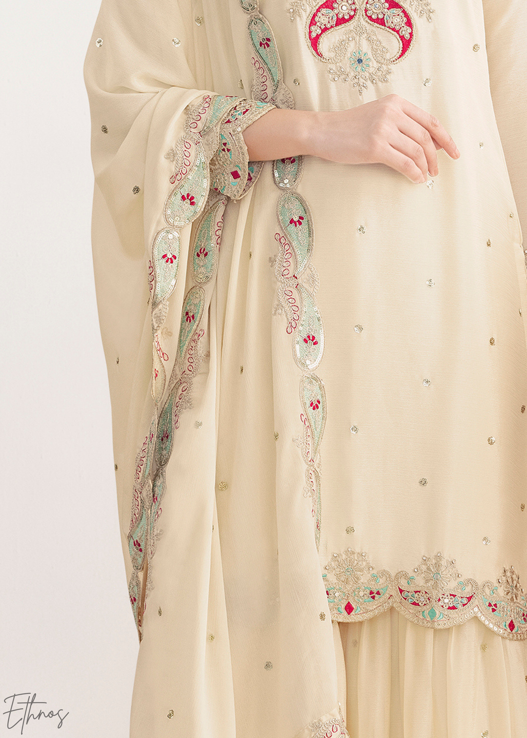 Pearl White Appliqué Chinon Sharara Suit