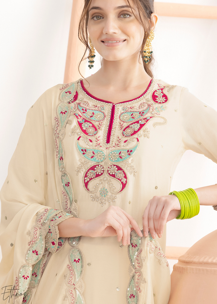 Pearl White Appliqué Chinon Sharara Suit