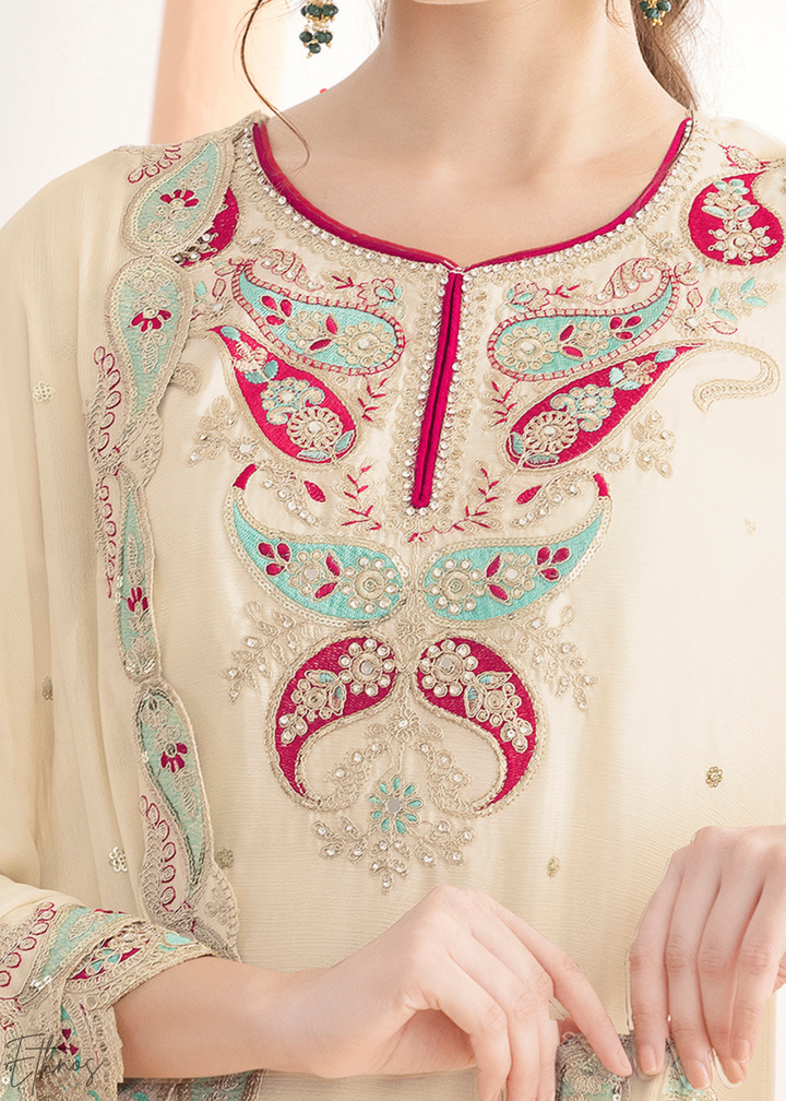 Pearl White Appliqué Chinon Sharara Suit
