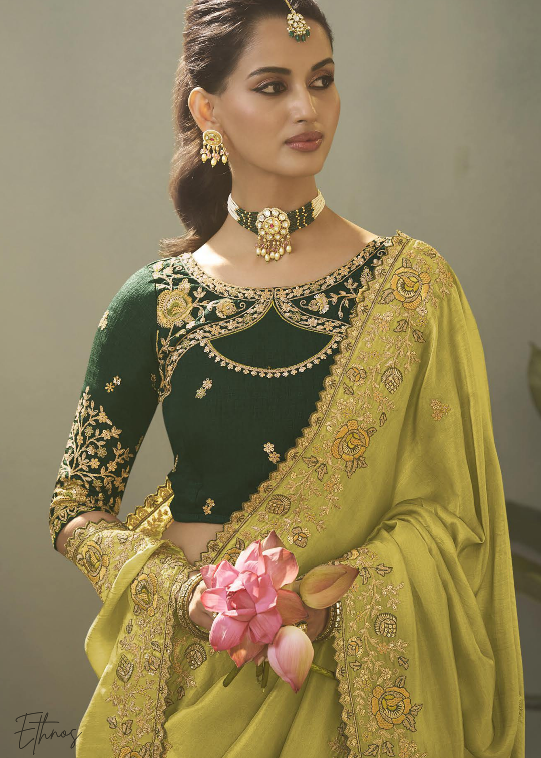 Chartreuse Olive Woven Scallop Border Upada Silk Saree
