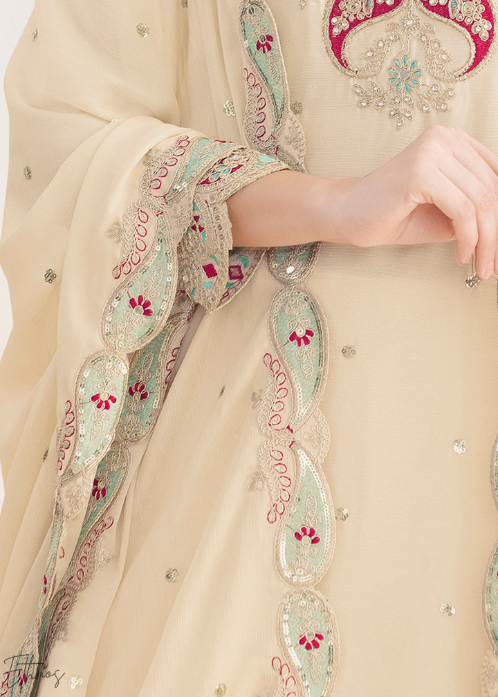 Pearl White Appliqué Chinon Sharara Suit
