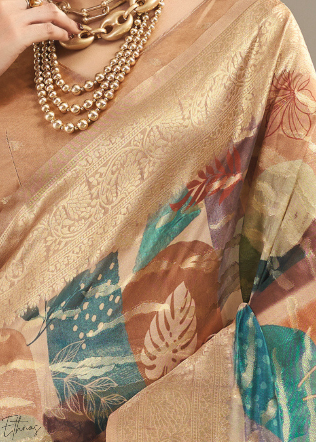 Champagne Beige Abstract Digital Print Metallic Vellora Saree