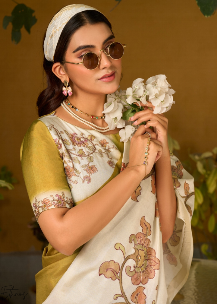 Mustard and Cream Floral Digital Print Tussar Silk