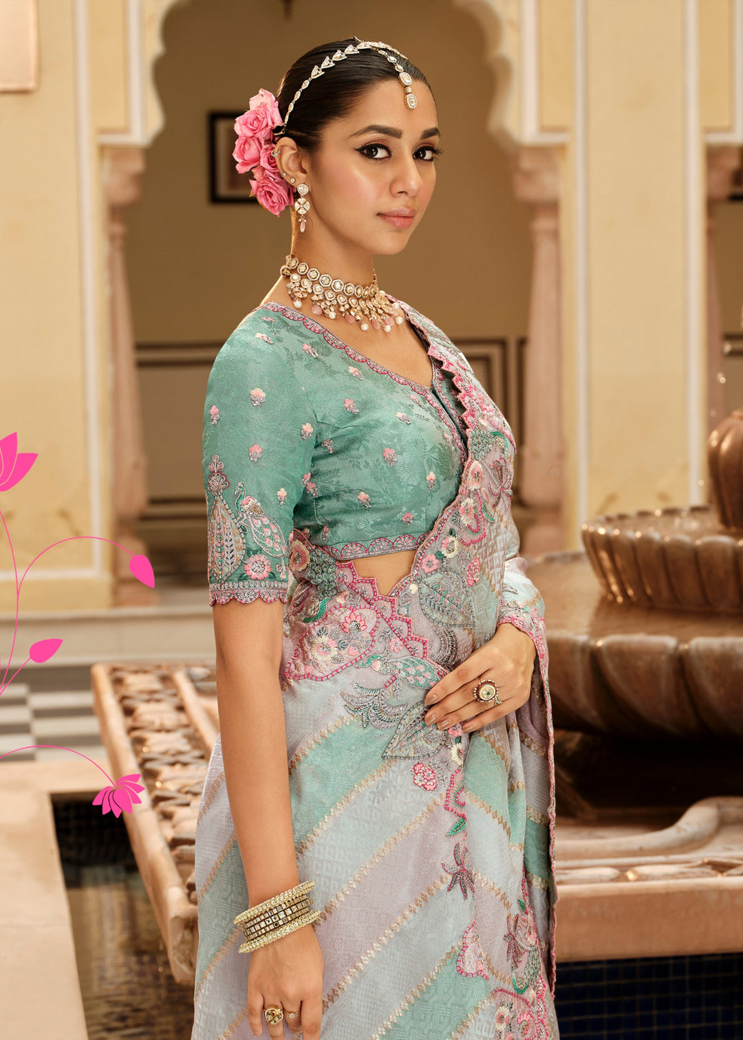 Pastel Mint Green & Pink Stripes with Floral embroidery Silk Saree