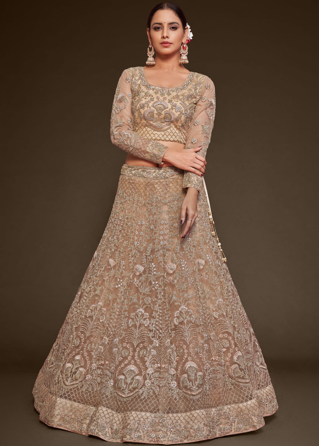 Beige Soft Net Lehenga with Thread, Zari, Badla and Glitter Dori Embroidery Work