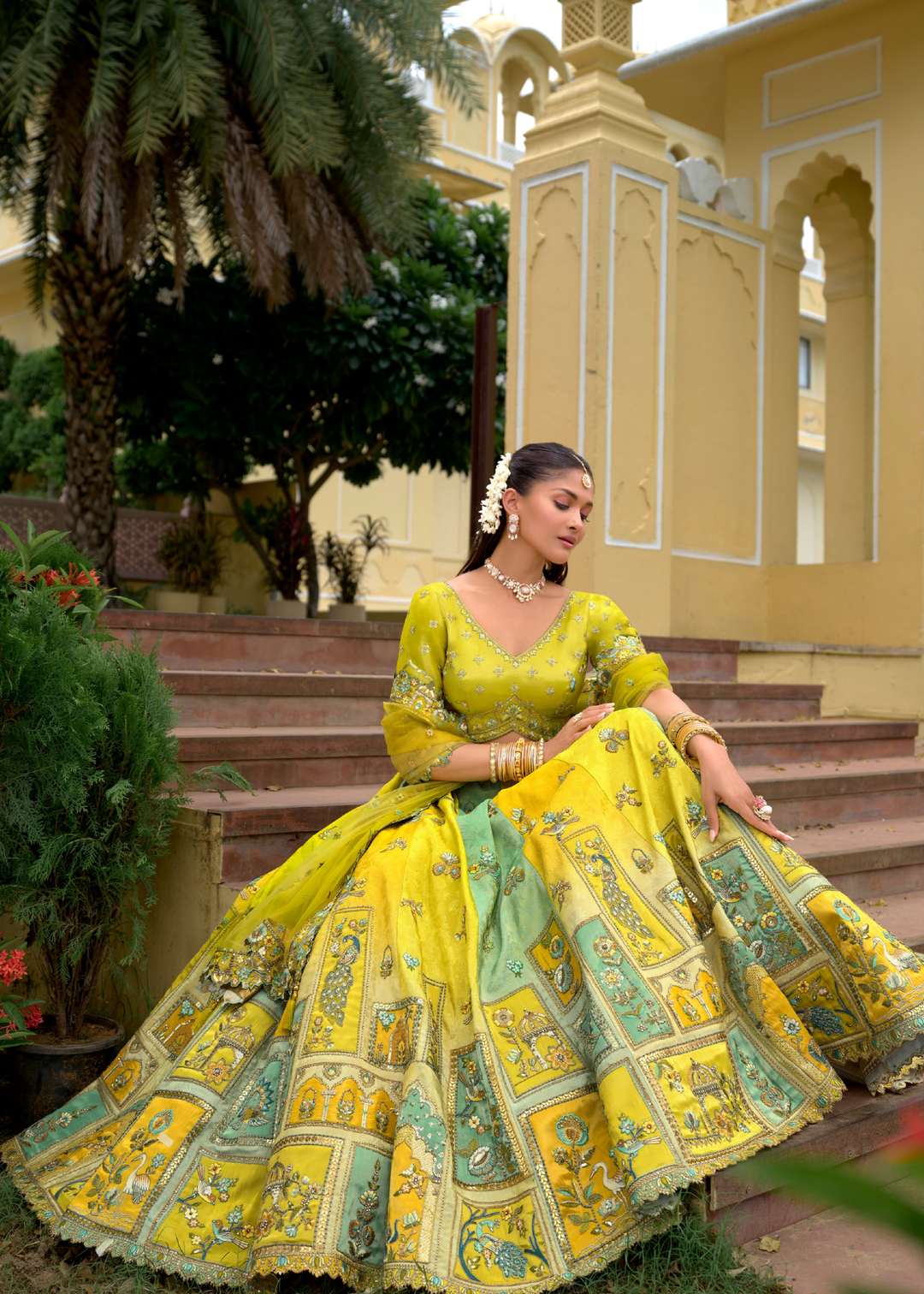Lemon Yellow And Aqua Silk Lehenga With Cut Work Border And Embroidery