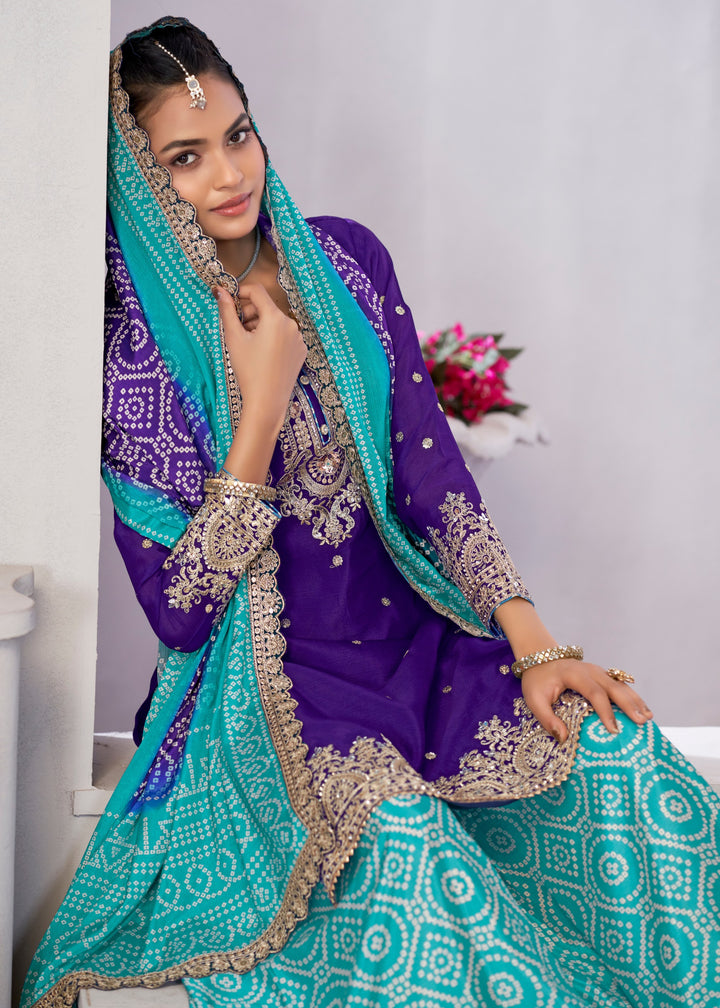 Shades of Blue Chinon SIlk Plazo Suit With Embroidered Work
