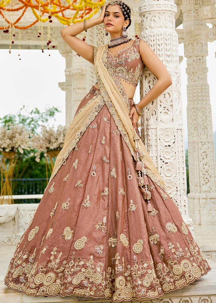 Beige Tissue Lehenga Choli with Beads & Sequince Embroidered