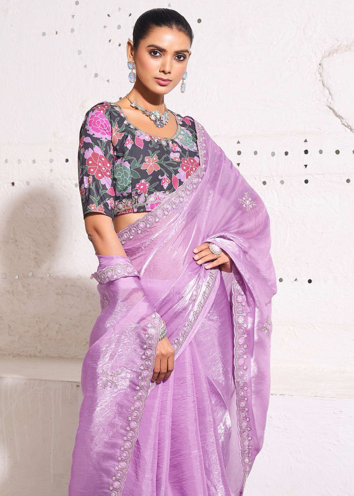 Lavender Purple Gold Crush Tissue Silk Saree With Beautiful Blouse