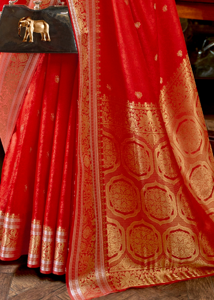 Crimson Red Kanjivaram Silk Saree Woven with Silver & Golden Zari