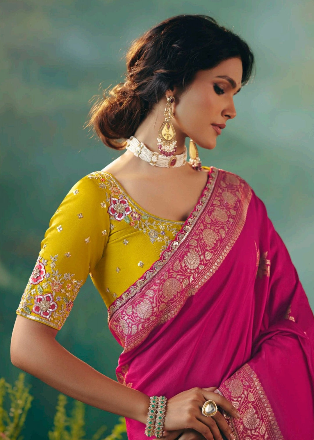 Fuchsia Pink Pure Viscose Dola Silk Saree with Zari Weaving & Embroidered Blouse