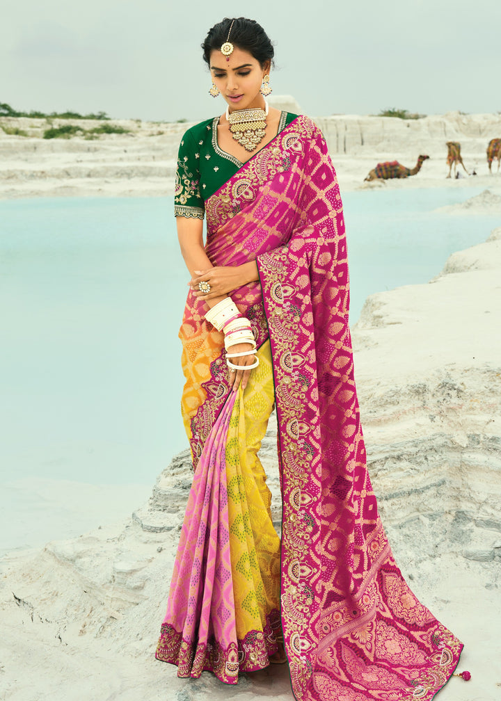 Soft Pink & Yellow Georgette Bandhej Saree With Moti & Cut-Dana Handwork Border