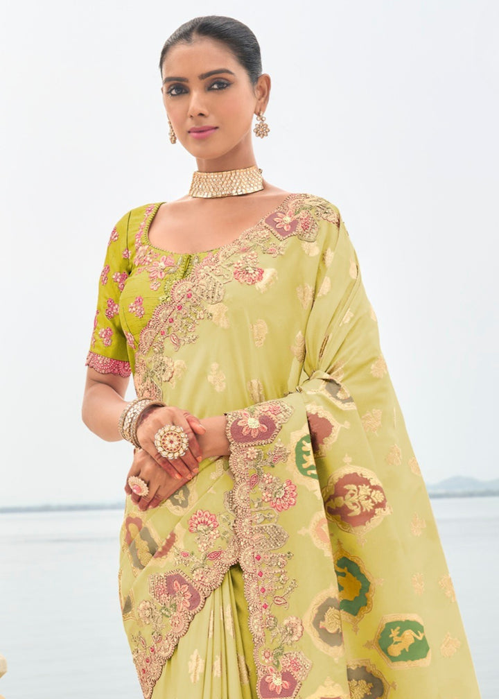 Canary Yellow Silk Saree With Embroidery Cut and Butti Work