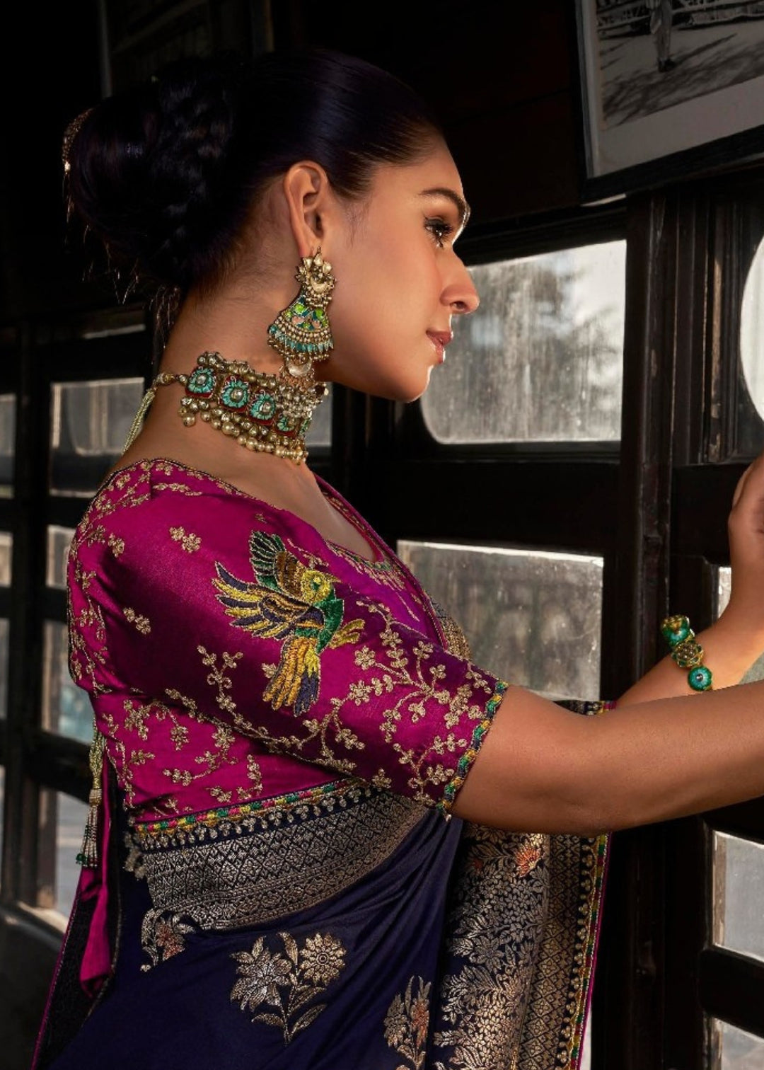 Navy Blue Soft Dola Viscous Silk with 3d Weaved Pallu and contrast blouse Saree