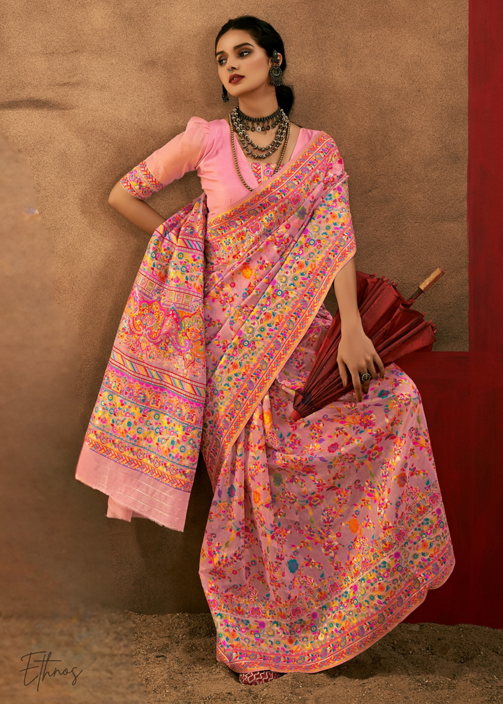 Soft Blush Pink with Multicolour Kashmiri Floral Weaving Saree