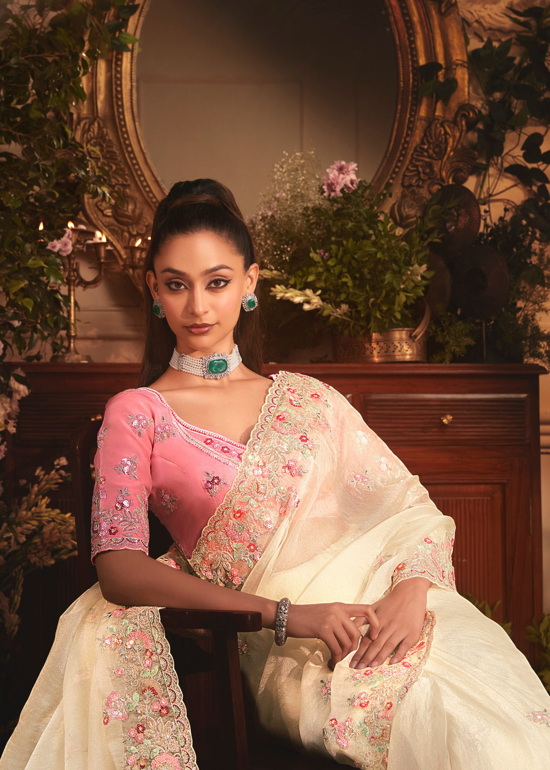 Ivory Tissue Organza Saree With Heavy Embroidery