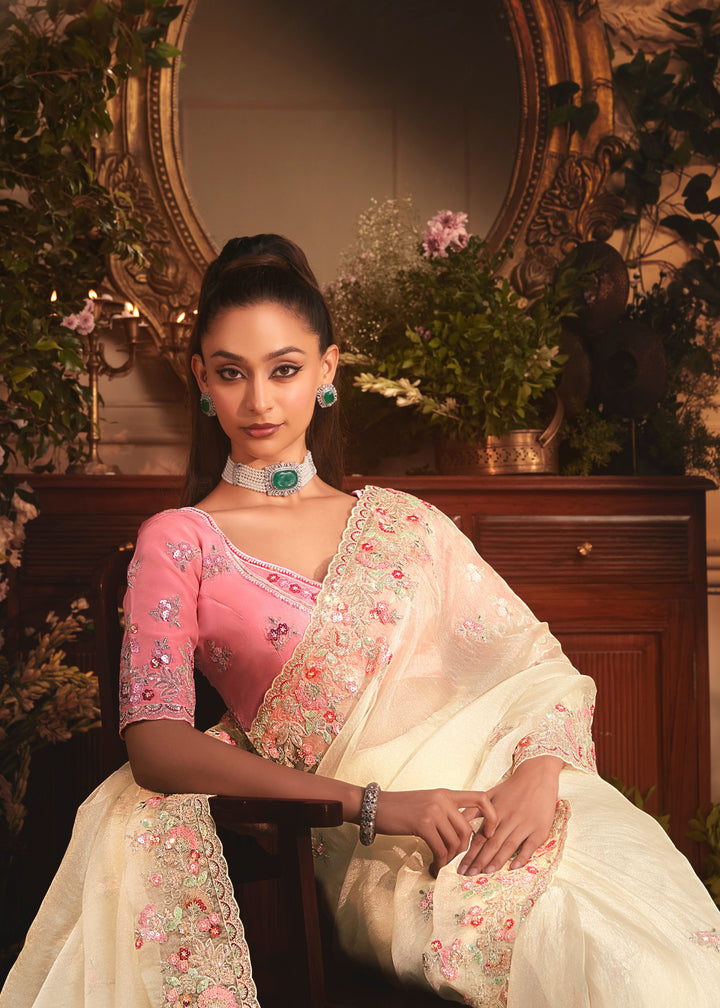 Ivory Tissue Organza Saree With Heavy Embroidery