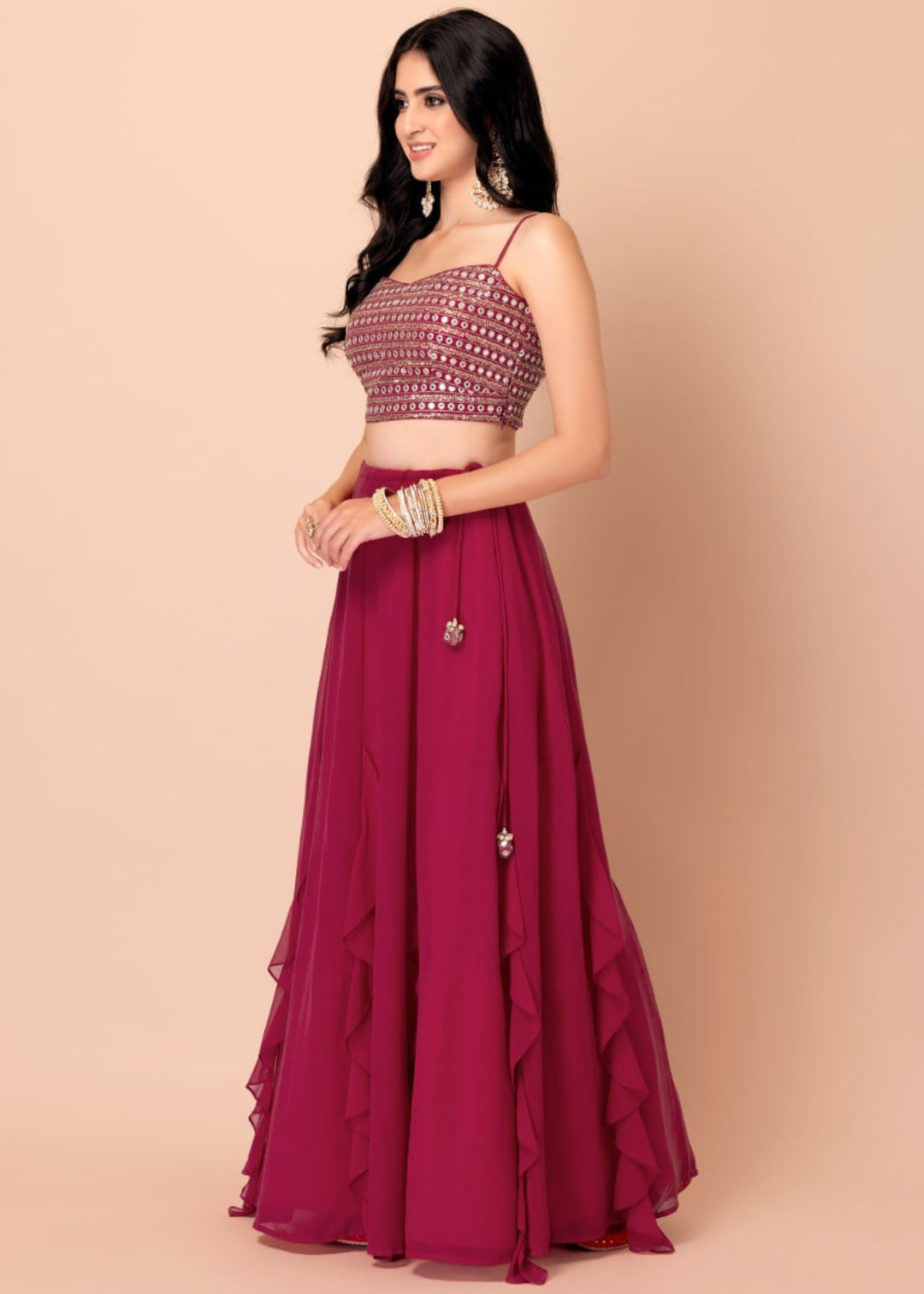 Raspberry Pink Georgette Lehenga Choli With Sequins And Thread Embroidery Work