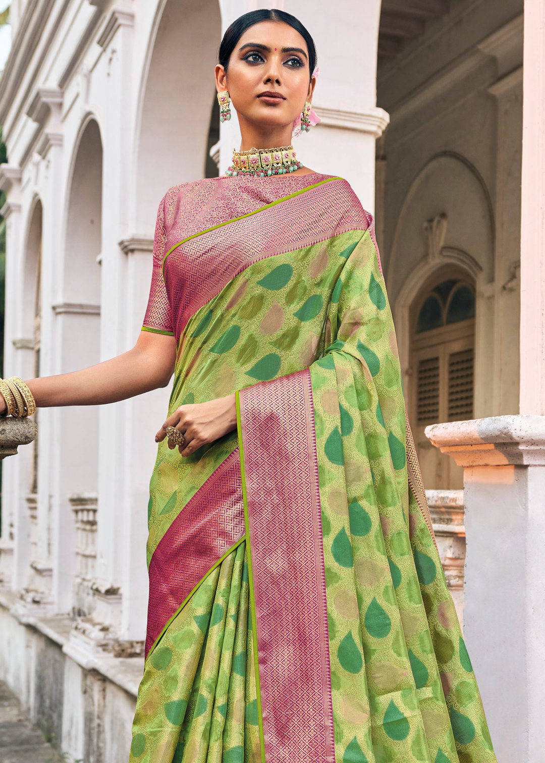 Shades Of Green Zari Woven Organza Silk Saree