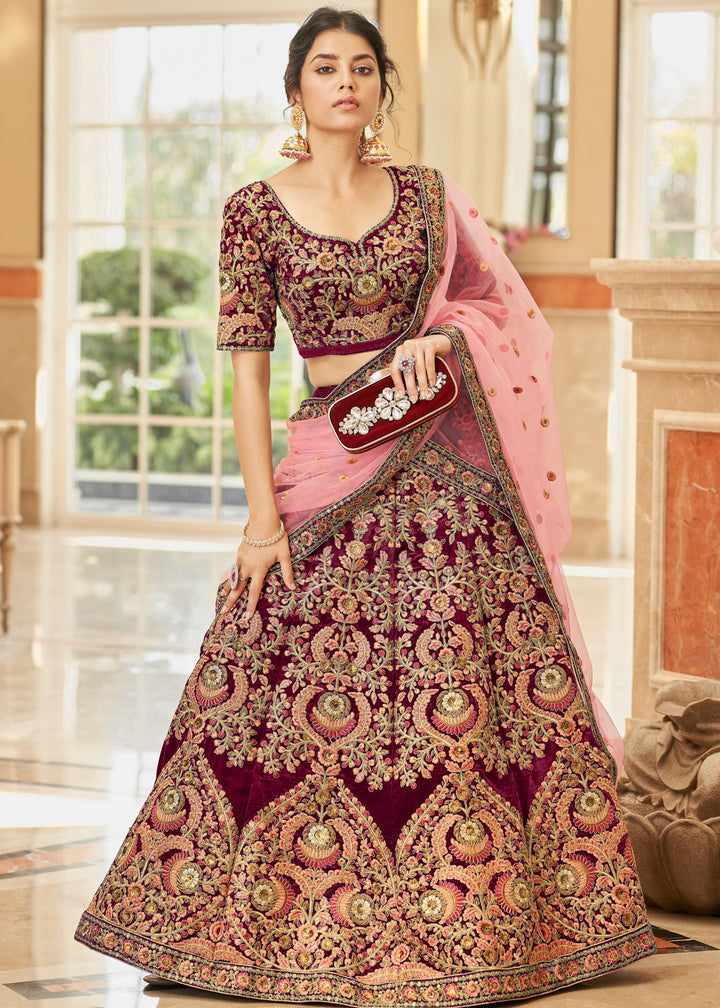 Maroon Red Velvet Lehenga Choli With Thread & Zari Embroidery Work
