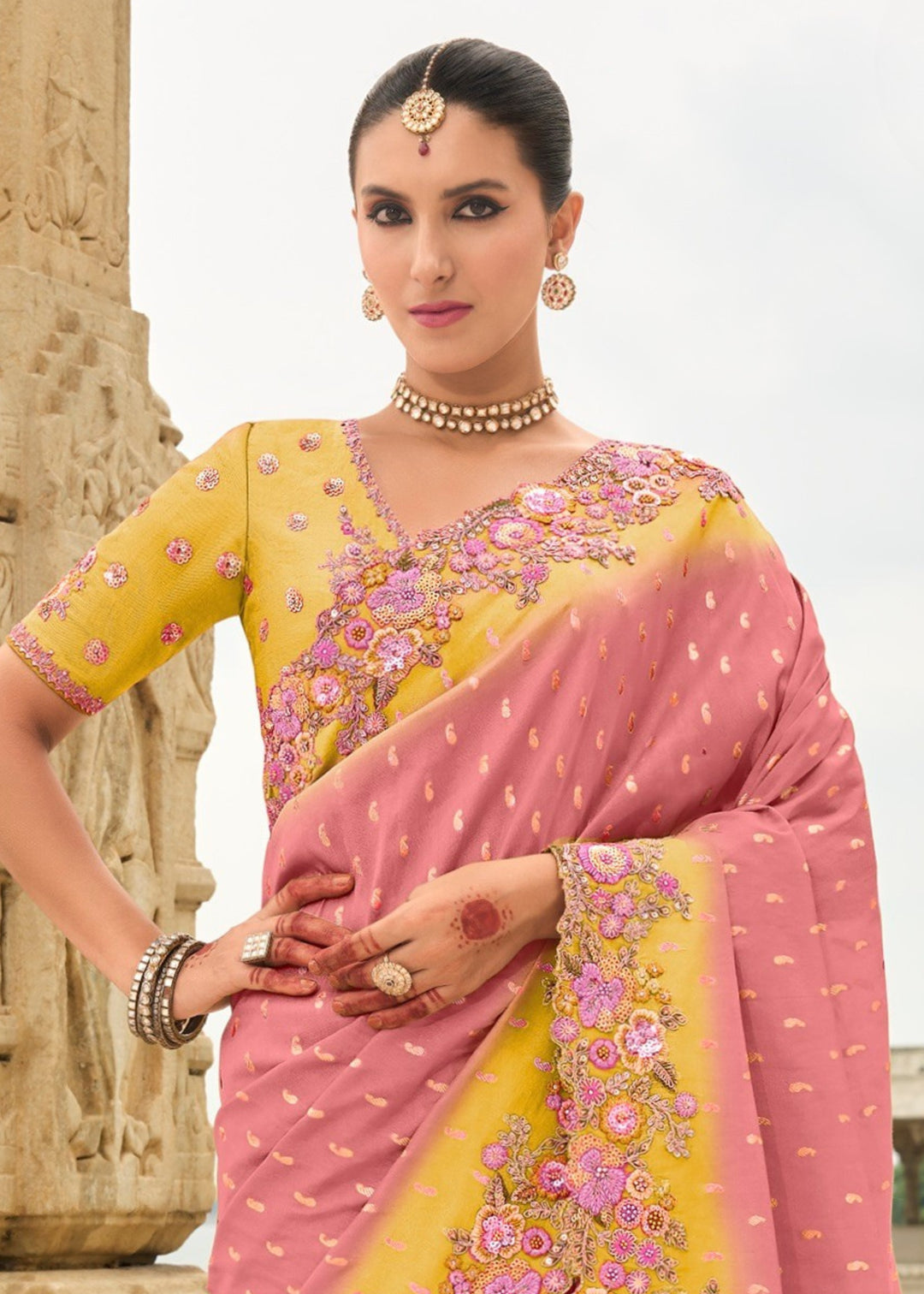 Neon Pink Silk Saree With Embroidery Cut and Butti Work