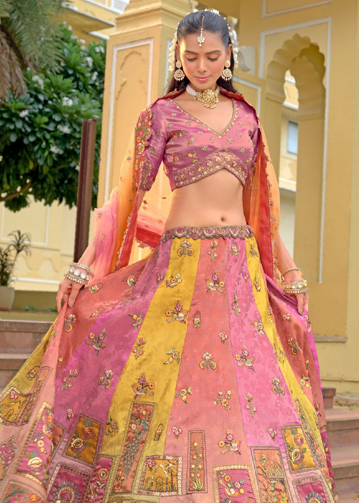 Baby Pink And Peach Silk Lehenga With Cut Work Border And Embroidery