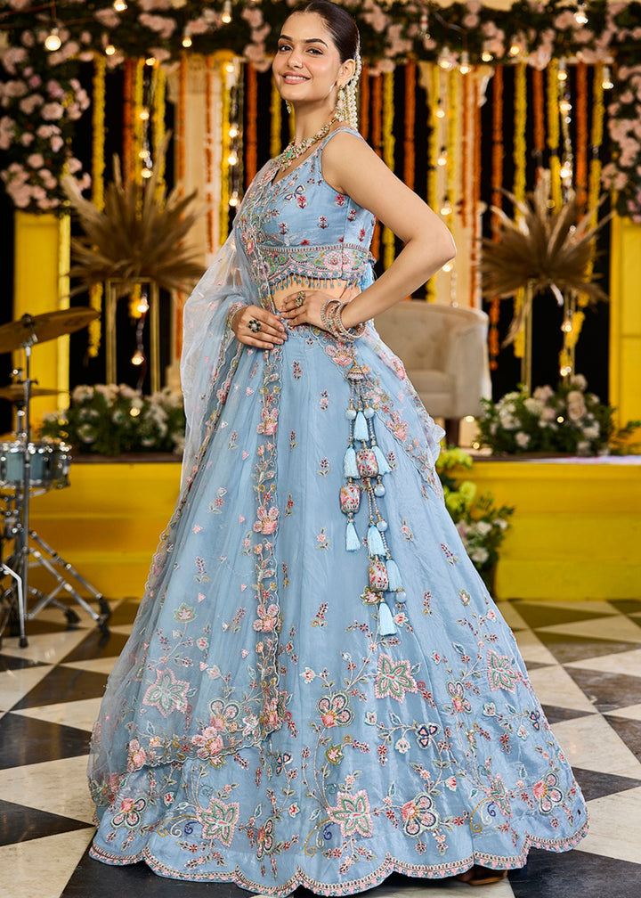Sky Satin Silk Lehenga Choli with Sequinned Embroidered