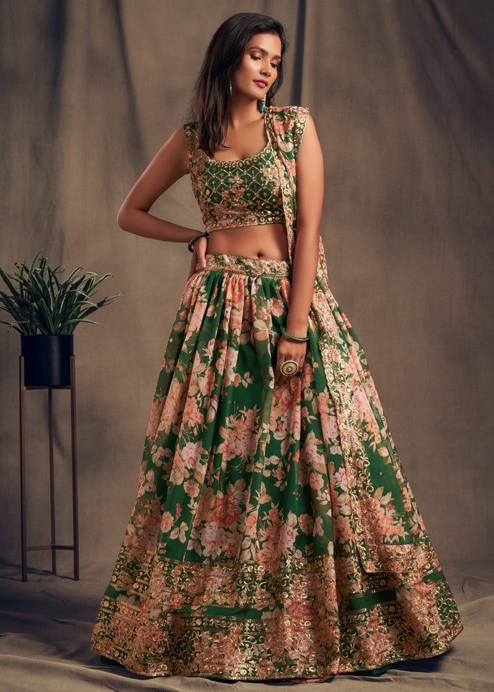 Green Organza Lehenga Sequins Zari Embroidery Work