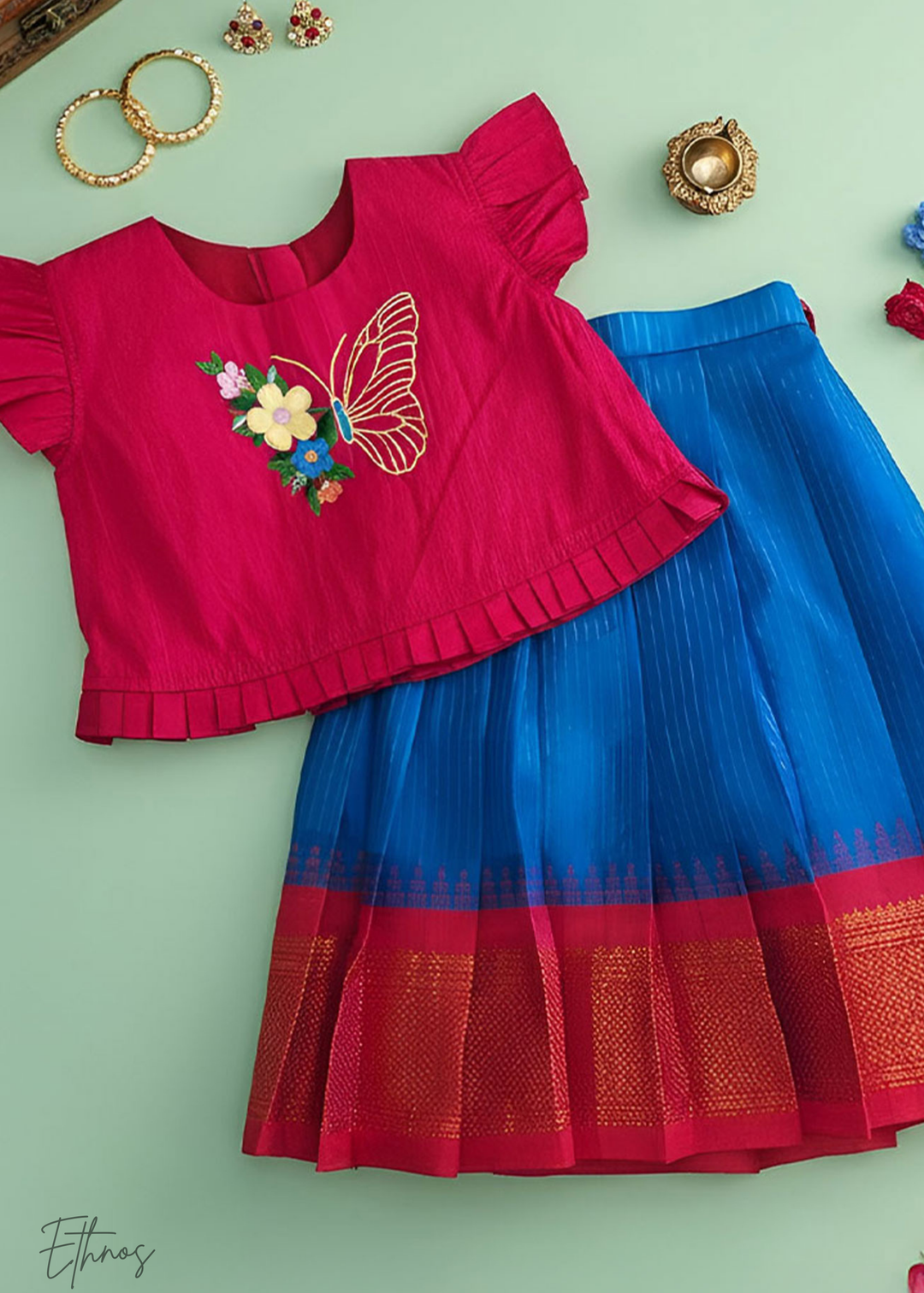 Raw Silk Pink and Blue Lehenga - Butterfly