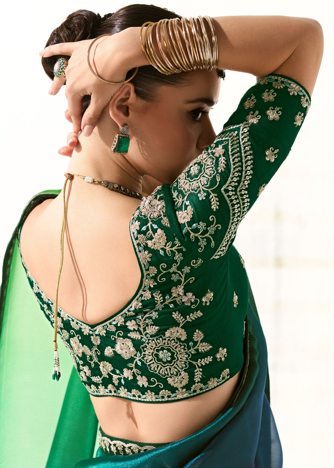 Pine Green Organza Tissue Silk Saree With Heavy Work Border And Designer Blouse