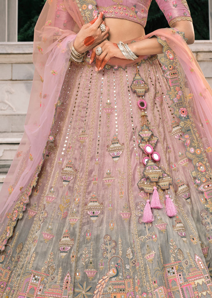 Pastel Pink Fancy Silk Lehenga Choli With Cut Work Embroidery Border & Stone Work