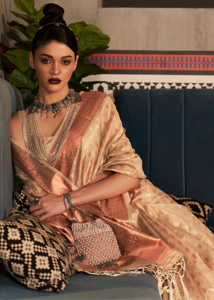 Golden Copper Silver & Gold Zari Base Handloom Weaving Tissue Saree