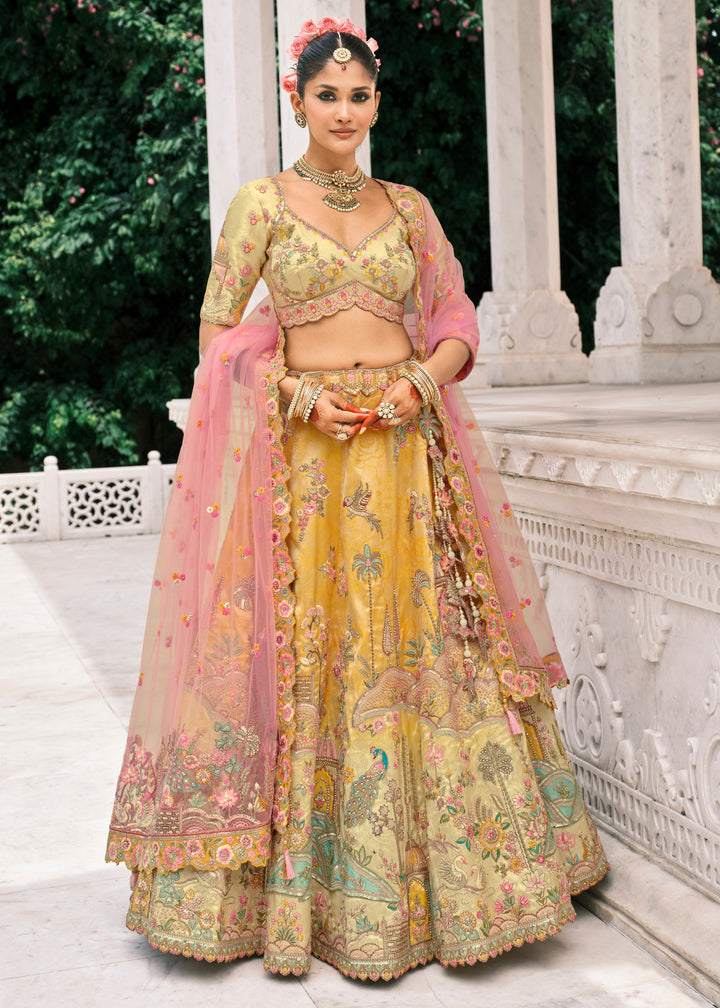 Corn Yellow Fancy Silk Lehenga Choli With Cut Work Embroidery Border & Stone Work
