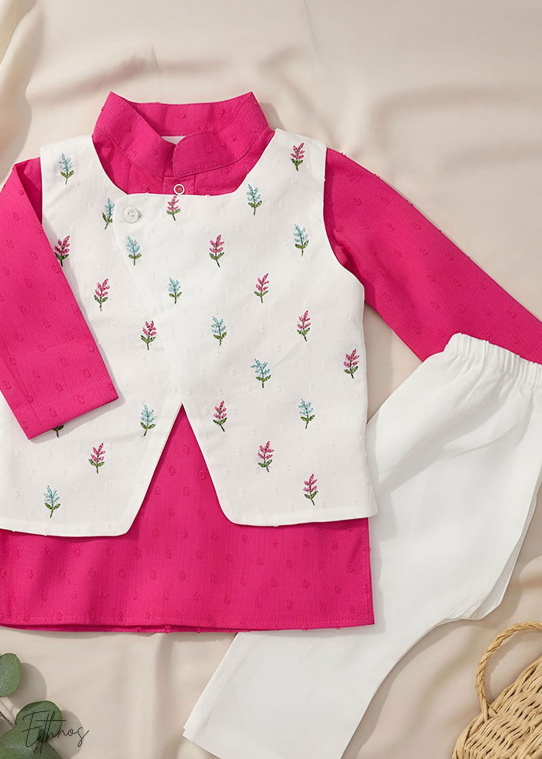 Organic Cotton Pink & White kurta Set with Jacket - Floral