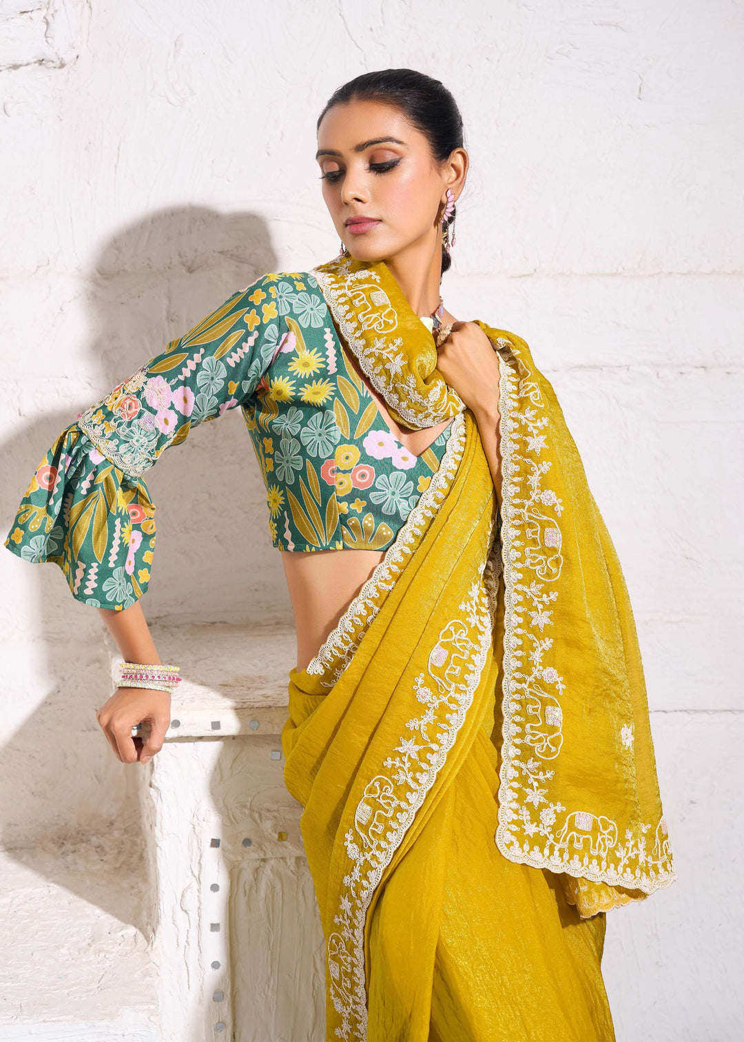 Saffron Yellow Gold Crush Tissue Silk Saree With Beautiful Blouse