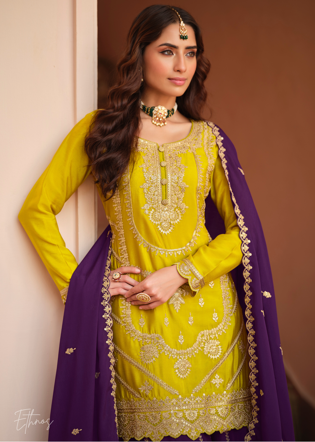 Mustard Yellow And Deep Purple Silk Salwar Suit