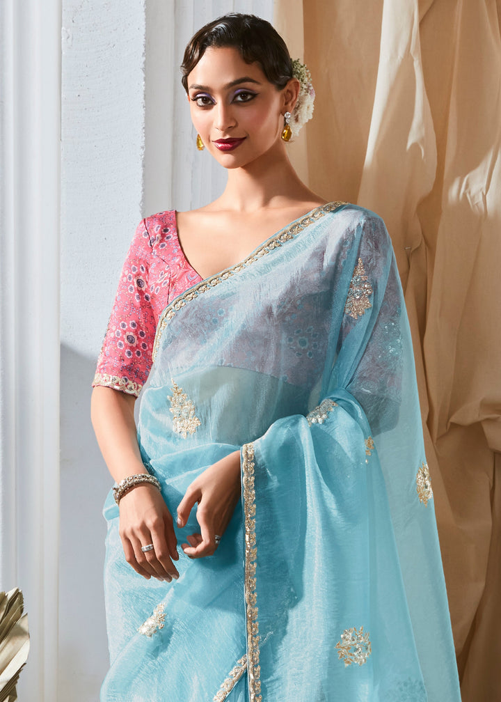Sky Blue Fancy Silk Saree With Printed Blouse