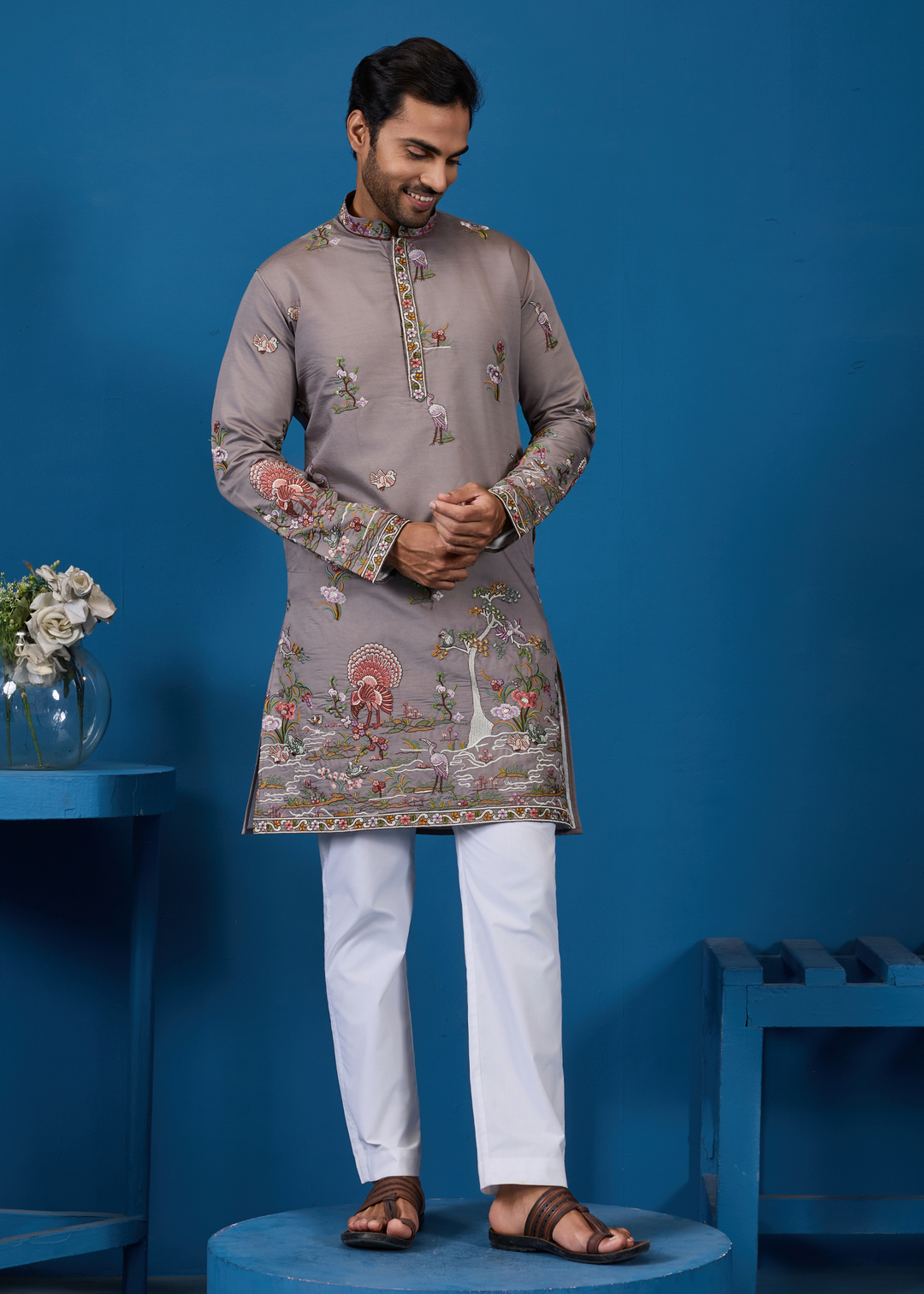 Soft Mauve Grey Mens Wear Kurta with Pant