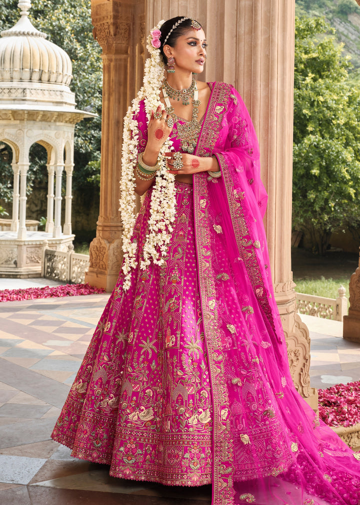Persian Rose Pink Heavy Bridal Silk Lehenga With Khatli And Embroidery Work