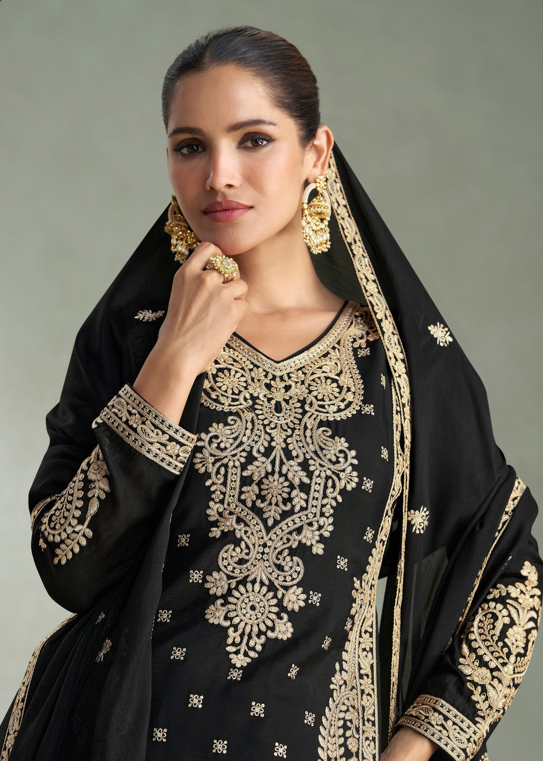 Jet Black Premium Chinon Silk Salwar Suit