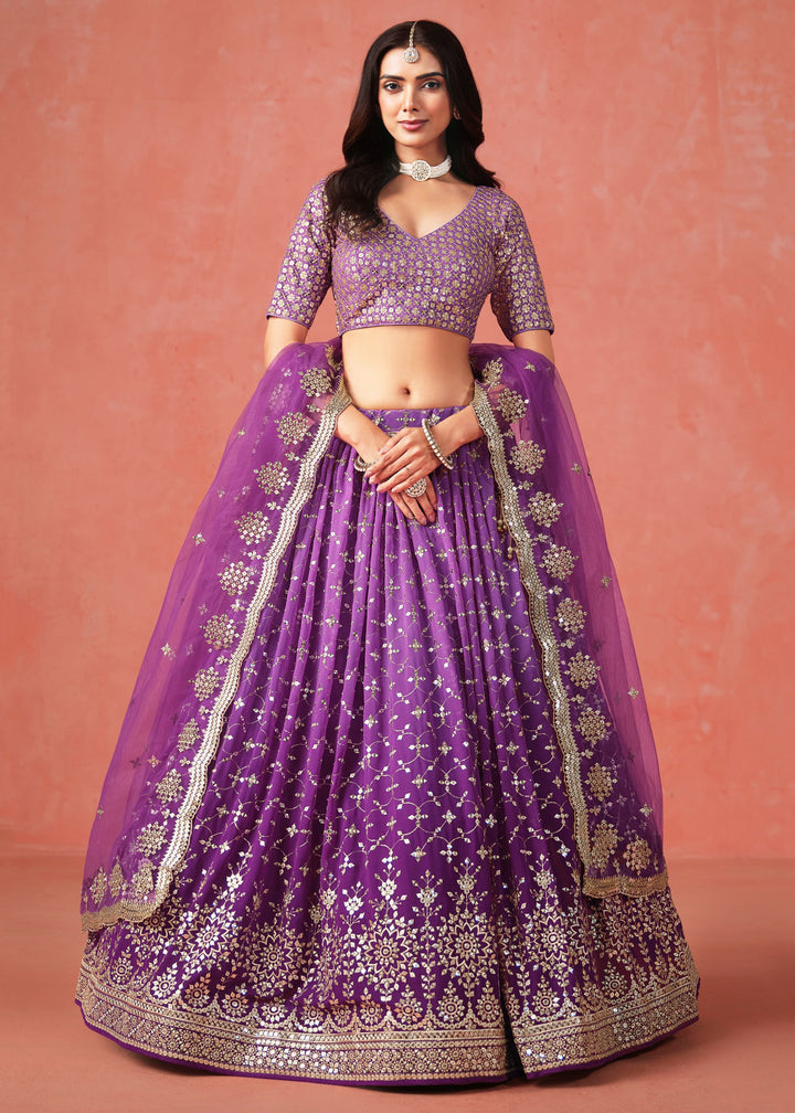 Purple Sequins Zari Embroidered Work Georgette Lehenga