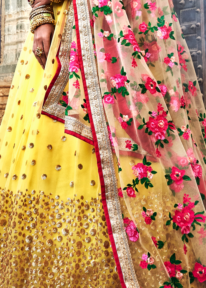 Electric Yellow Soft Net Lehenga Choli with Sequins,Thread & Zari work