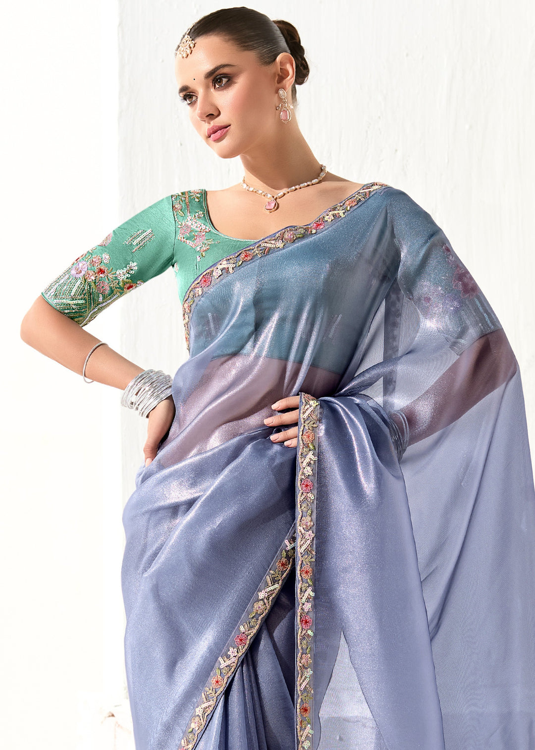 Cornflower Blue Organza Tissue Silk Saree With Heavy Work Border And Designer Blouse