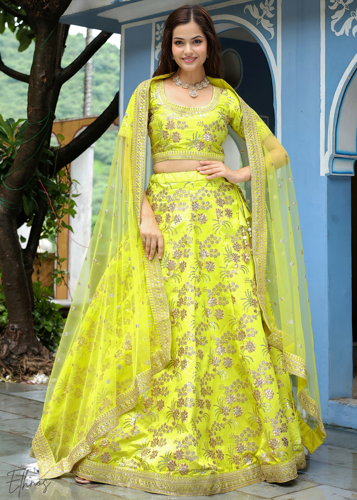 Neon Green Slub Silk Lehenga With Dupatta
